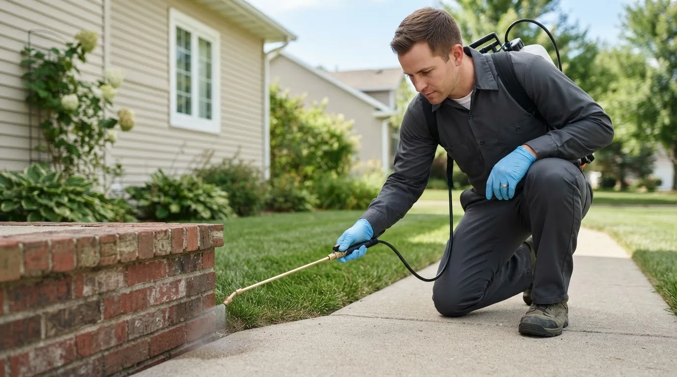 Pest control technician treating a home near Essex, IA