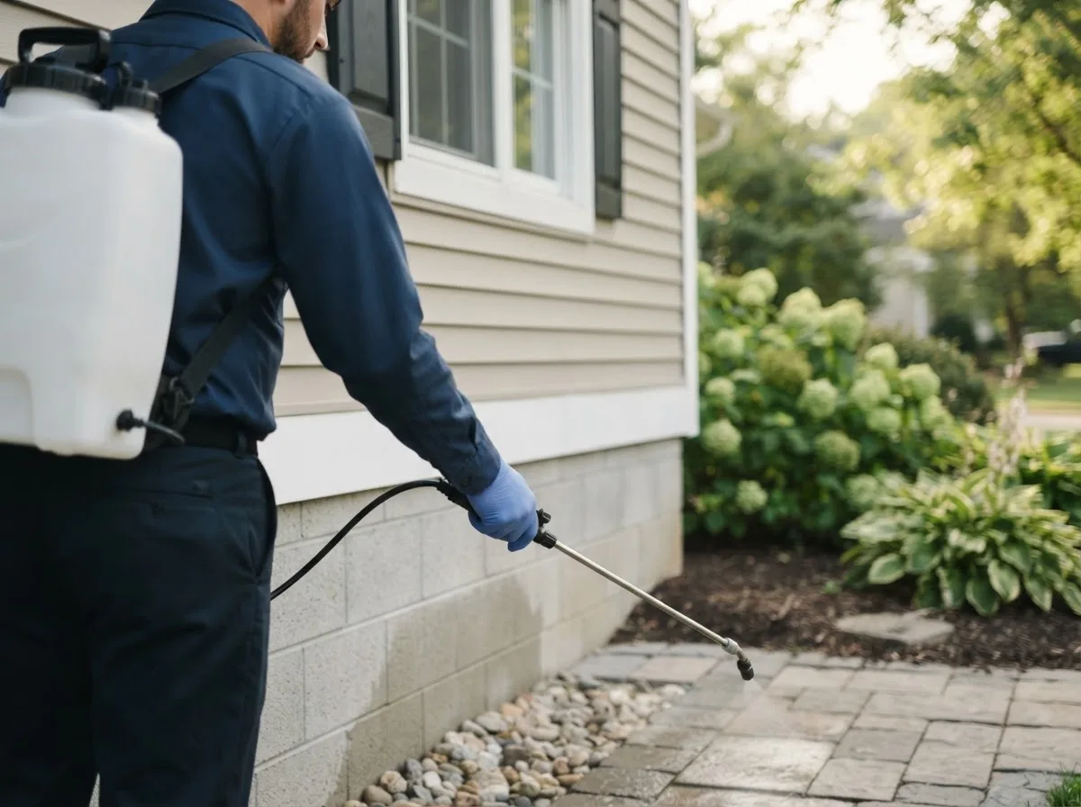 Pest control technician inspecting a home in Essex, IA